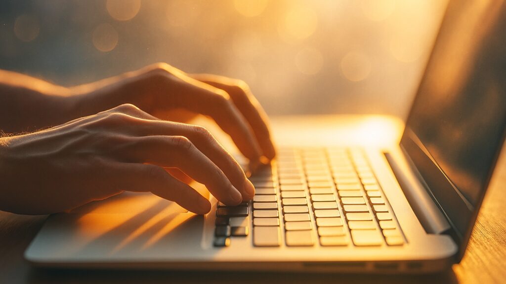 Hands typing on a laptop keyboard in warm light, representing writing, reflection, and dialogue with AI.
